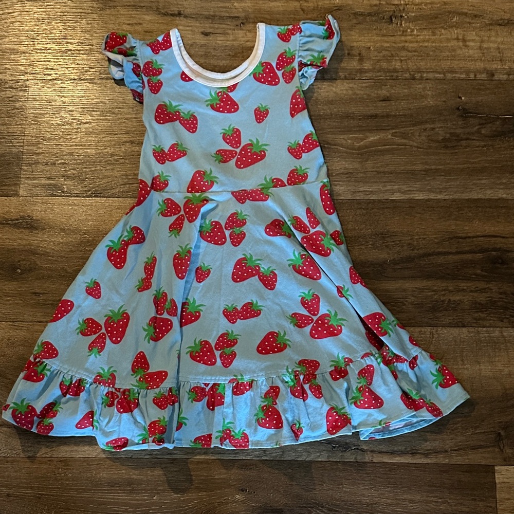 Eleanor Rose Blue Dress with Red Strawberry Print